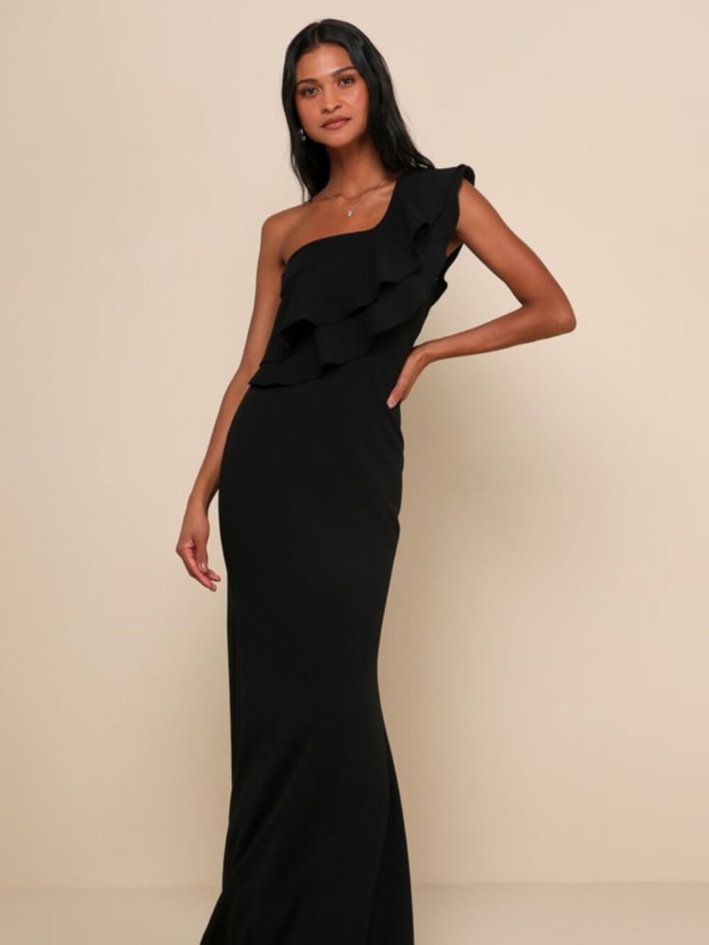 Lulus Grand Beauty Black Ruffled One-shoulder Mermaid Maxi Dress - Size XL
